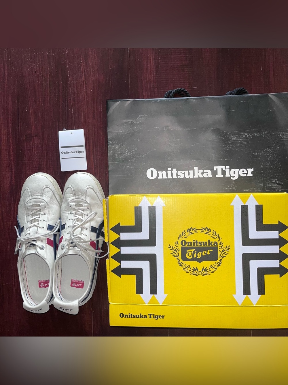 Onitsuka Tiger by Asics Unisex White Sneakers with Navy & Red Stripes Mexico 66